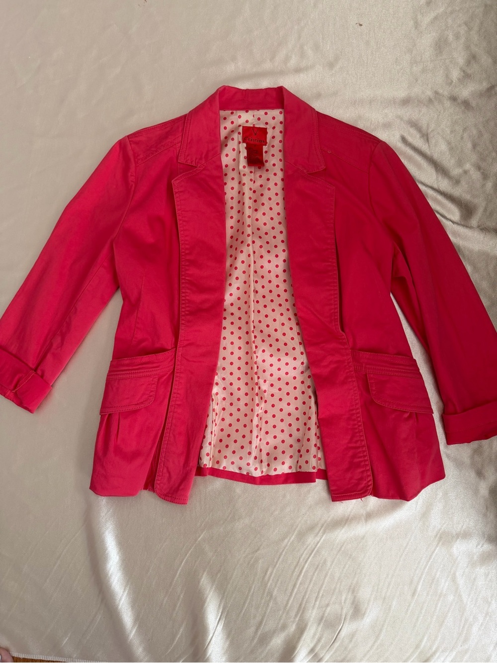V Cristina Women's Bright Pink Cotton-Blend Blazer with Polka Dot Lining Medium